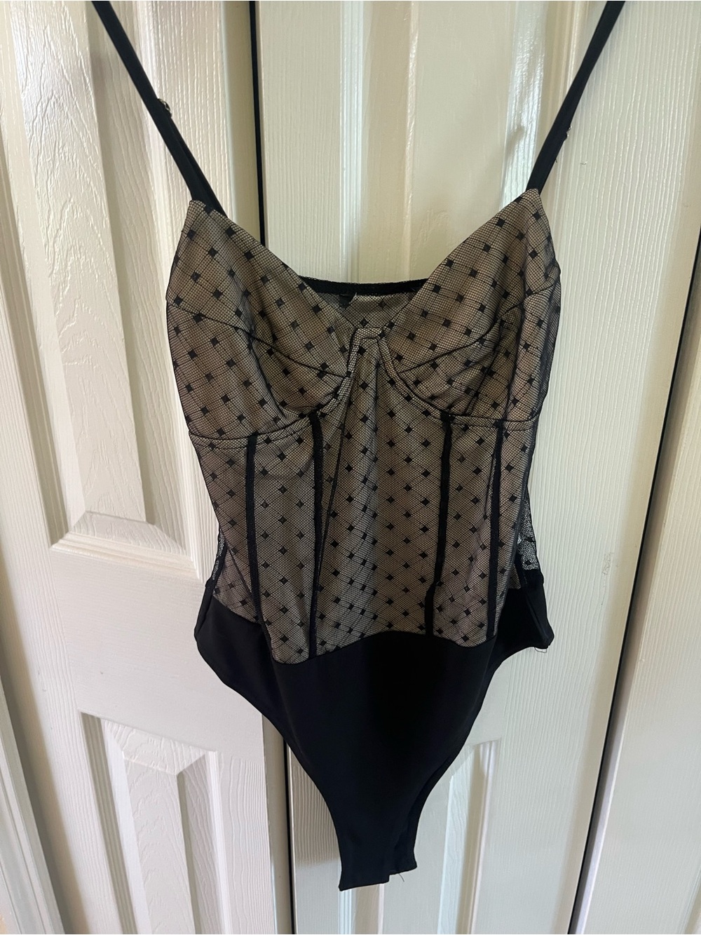Lulu's Black Sheer Polka Dot Mesh Bodysuit